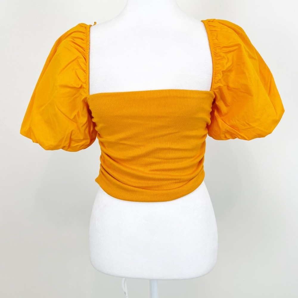 Zara Puff Sleeve Ruched Crop Top Orange Size Small